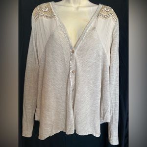 Miss Me Tan Heathered cardigan with lace work and embroidery, Sz. M, gently used